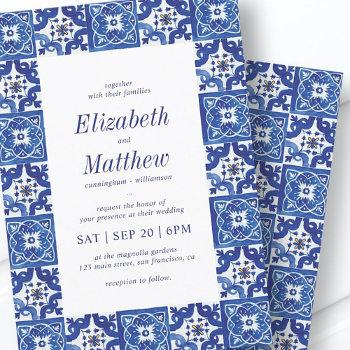 modern blue & white mediterranean tiles wedding invitation
