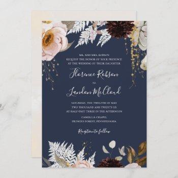 modern blush floral | navy traditional wedding invitation