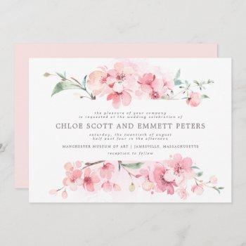 modern blush pink cherry blossoms floral wedding invitation