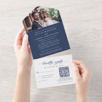 Small Modern Boho Photo Rsvp Qr Code Navy Blue Wedding All In One Front View