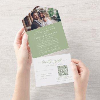 Small Modern Boho Photo Rsvp Qr Code Sage Green Wedding All In One Front View