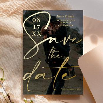 Small Modern Bold Black Script Save The Date Photo Foil Front View