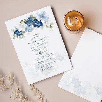 modern botanical dusty blue floral wedding invitation