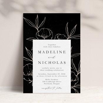 modern botanical floral black & cream wedding invitation