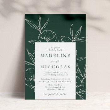 modern botanical floral dark green & cream wedding invitation