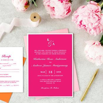 modern bright hot pink & white monogram wedding in invitation