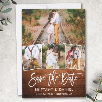 Small Modern Brush Script Rustic Wood 4 Photo Couple Save The Date Front View
