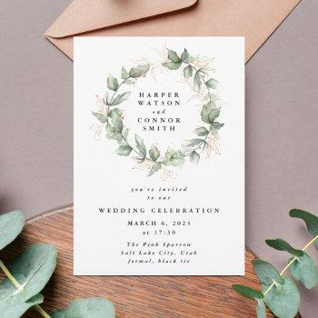Small Modern Budget Gold Eucalyptus Wreath Wedding Flyer Front View