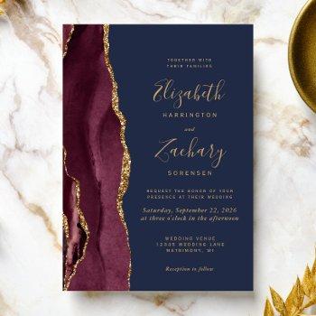 modern burgundy gold agate navy blue wedding invitation