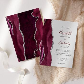 modern burgundy silver agate light gray wedding invitation