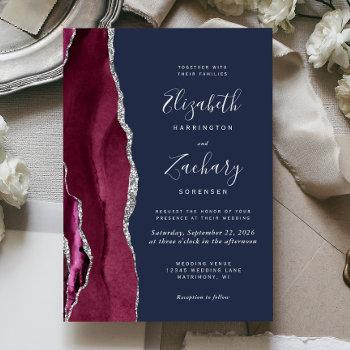 modern burgundy silver agate navy blue wedding invitation