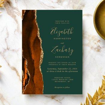 modern burnt orange dark green agate wedding invitation