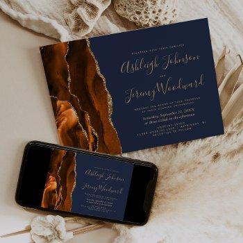 modern burnt orange gold agate navy blue wedding invitation
