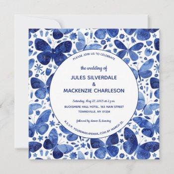 modern butterfly watercolor indigo blue wedding invitation