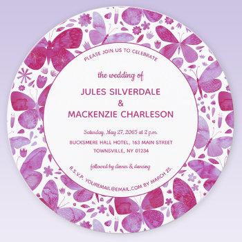 modern butterfly watercolor magenta pink wedding invitation