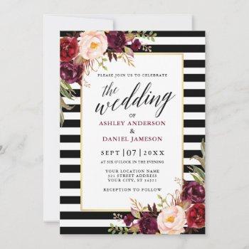 Small Modern Calligraphy Burgundy Floral Wedding Striped Front View