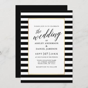 modern calligraphy gold frame striped wedding invitation