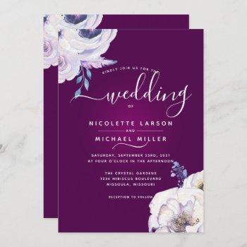 modern cassis color and lilac flowers wedding invitation