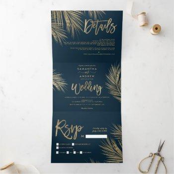 modern chic gold palm tree navy blue wedding tri-fold invitation