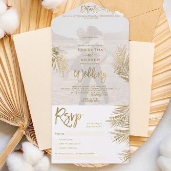 modern chic gold palm tree tropical wedding photo all in one invitation