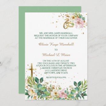 modern christian cross and rings floral wedding invitation