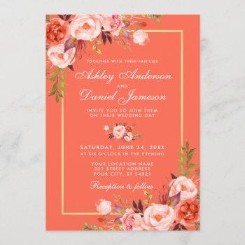 modern coral floral gold frame wedding invitation