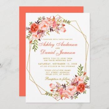 modern coral floral gold geometric wedding invitation