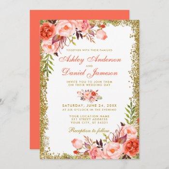 Small Modern Coral Floral Gold Glitter Wedding Front View