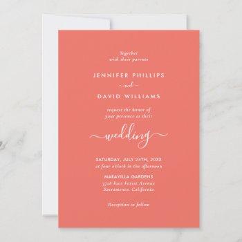 modern coral minimalist script wedding invitation