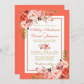 modern coral watercolor floral wedding invitation