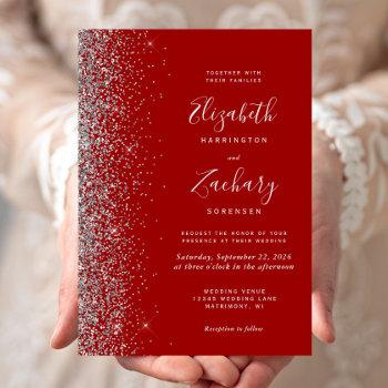 modern crimson red silver glitter edge wedding invitation