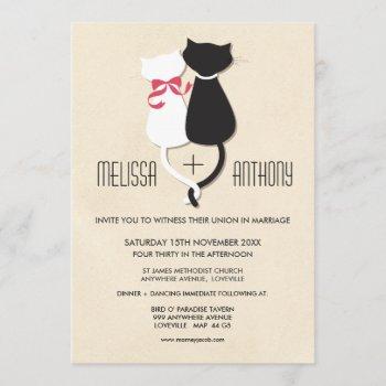 Small Modern Cute Cat Couple Monogram Wedding Invite Front View