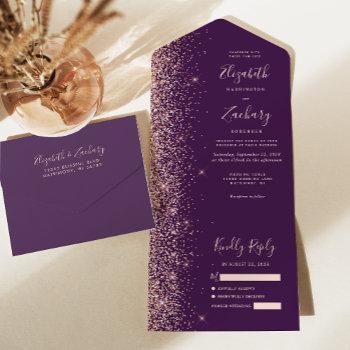 modern dark purple rose gold glitter wedding all in one invitation