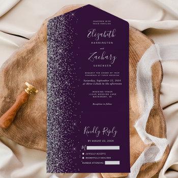 modern dark purple silver glitter wedding all in one invitation