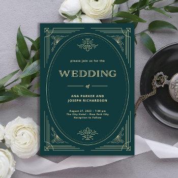 modern deco | emerald green and champagne wedding invitation