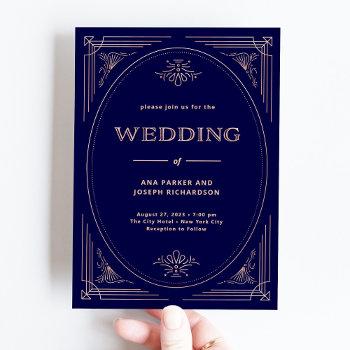 modern deco | faux rose gold and navy blue wedding invitation