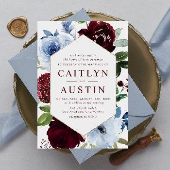 modern dusty blue burgundy wedding invitation