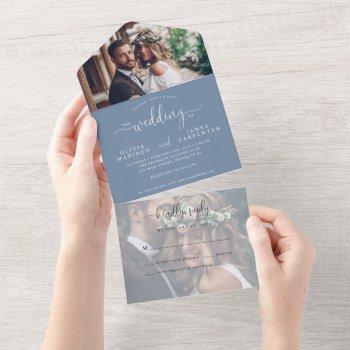 modern dusty blue elegant script 2 photo wedding all in one invitation