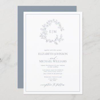 modern dusty blue leafy crest monogram wedding inv invitation