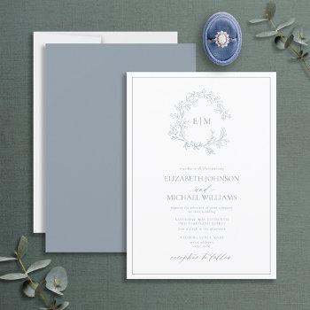 Small Modern Dusty Blue Leafy Crest Monogram Wedding Inv Front View