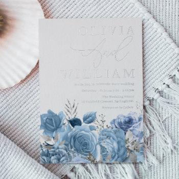 modern dusty blue & silver floral wedding foil invitation