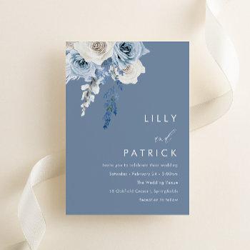 modern dusty blue & white floral wedding invitation