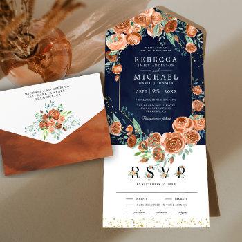 Small Modern Earthy Burnt Orange Floral Navy Wedding All In One Front View