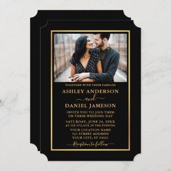 modern elegant black and gold ticket style wedding invitation