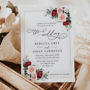 modern elegant burgundy blush floral wedding invitation
