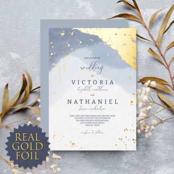 modern elegant dusty blue watercolor wedding gold  foil invitation