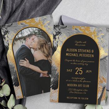 Small Modern Elegant Gold Black Abstract Photo Wedding Front View