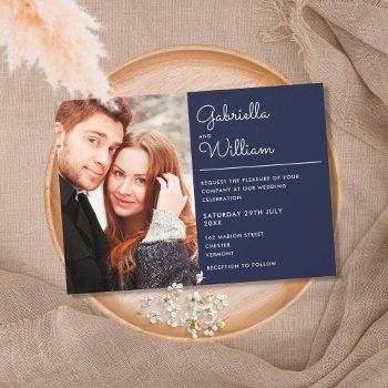 modern elegant script navy blue photo wedding invitation