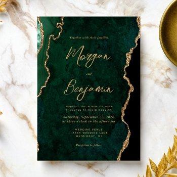 modern emerald green agate script wedding invitation