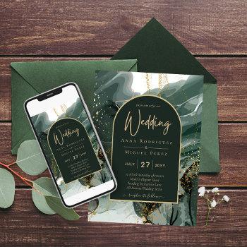 modern emerald green gold agate marble wedding invitation